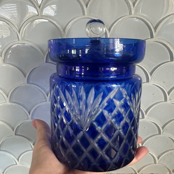 Vintage Cobalt Blue Cut to Clear Crystal Czech Bohemian Cookie Biscuit Jar - Picture 5 of 10